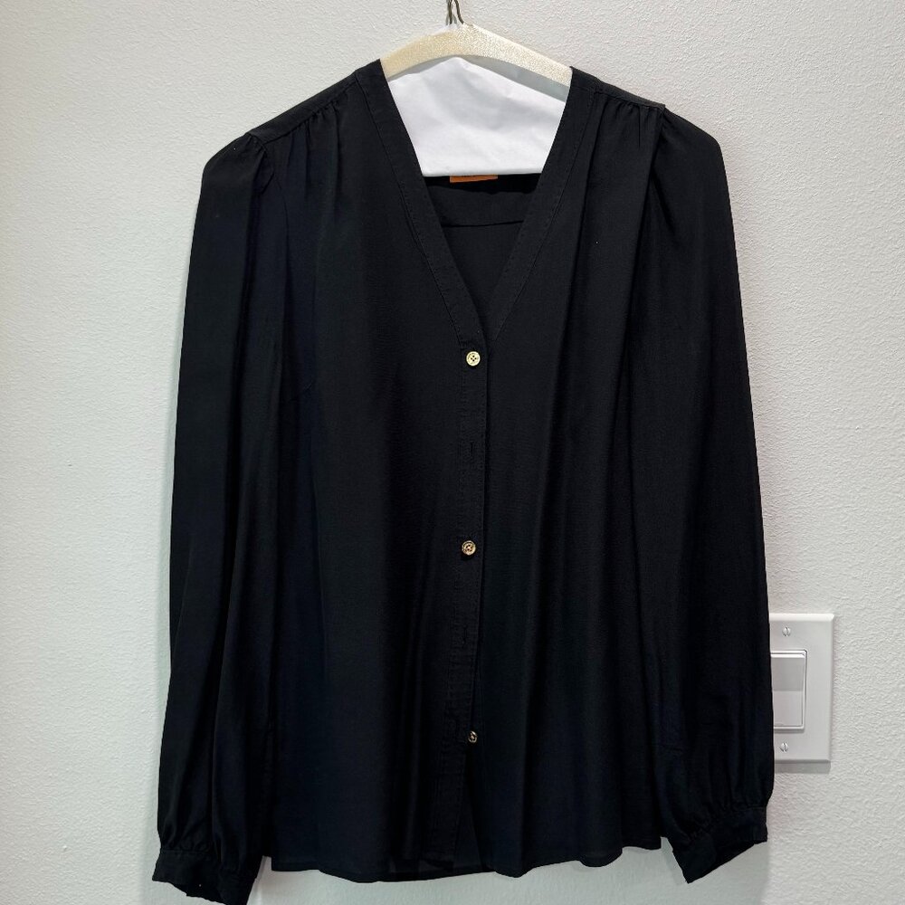 Tory Burch Black 100% Silk V-Neck Button Up Top with Gold Buttons (Size 6)